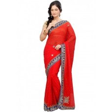 Tremendous Red Colored Border Worked Chiffon Saree